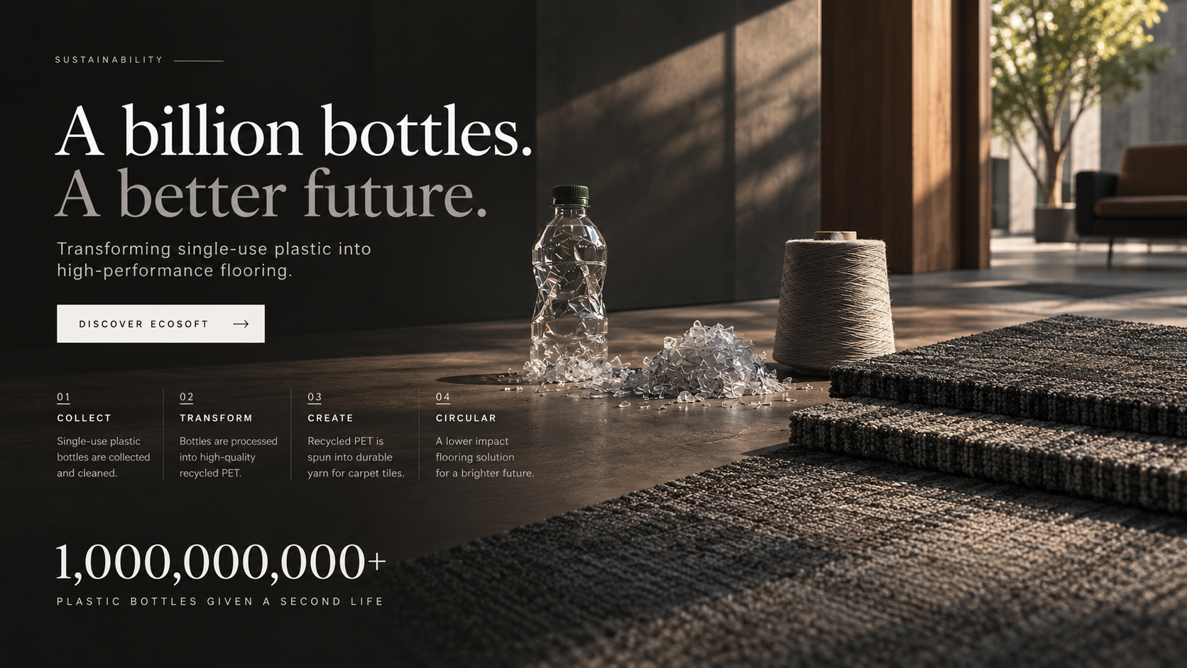 Architectural Noir sustainability artwork showing recycled PET bottles, fibres and carpet tiles; one billion bottles given a second life