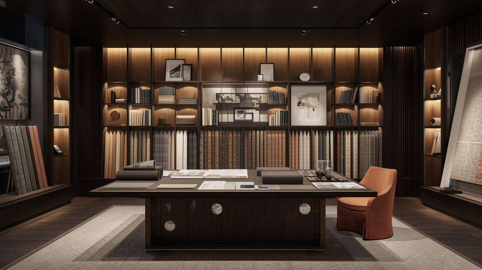 Warmly lit architectural materials library with carpet samples and specification table